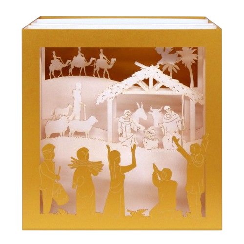 Grande crèche 3D en carte pop-up artisanale, scène de la Nativité, fabriquée a Ia main en France sur papier éco-responsable