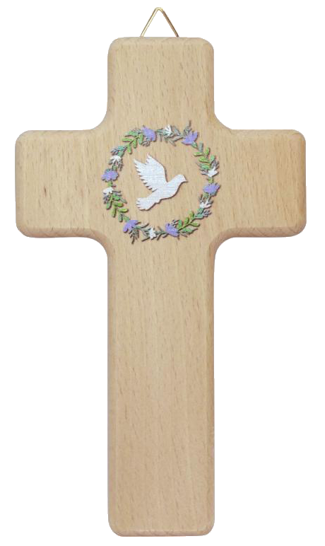 Croix murale artisanale en bois de hêtre avec illustration aquarelle de colombe blanche