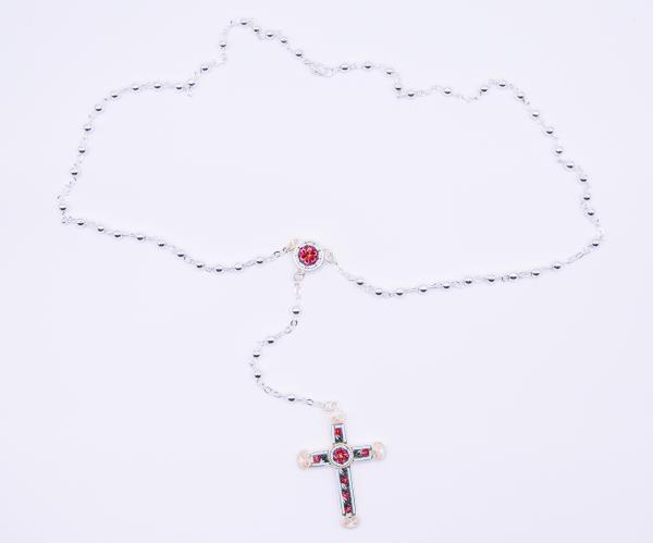 MOSAIQUE BIZANTINE CHAPELET ARGENT  CROIX ROUGE