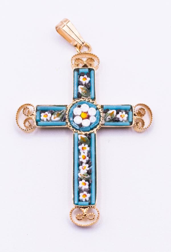 MOSAIQUE BIZANTINE PENDENTIF CROIX BLEU CLAIRE 4*2,5 CM AVEC BOITE