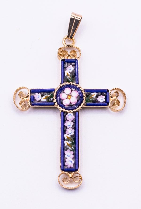 MOSAIQUE BIZANTINE PENDENTIF CROIX BLEU MARINE 4*2,5 CM AVEC BOITE