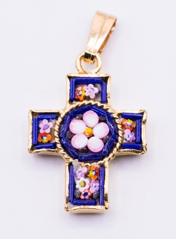 MOSAIQUE BIZANTINE PENDENTIF CROIX BLEU MARINE 2*1,5 CM AVEC BOITE