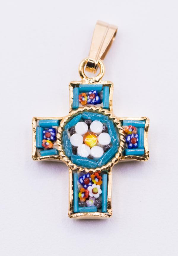 MOSAIQUE BIZANTINE PENDENTIF CROIX BLEU CLAIRE 2*1,5 CM AVEC BOITE