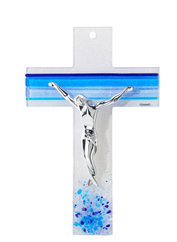 CRUCIFIX EN VERRE BLEU 16 CM