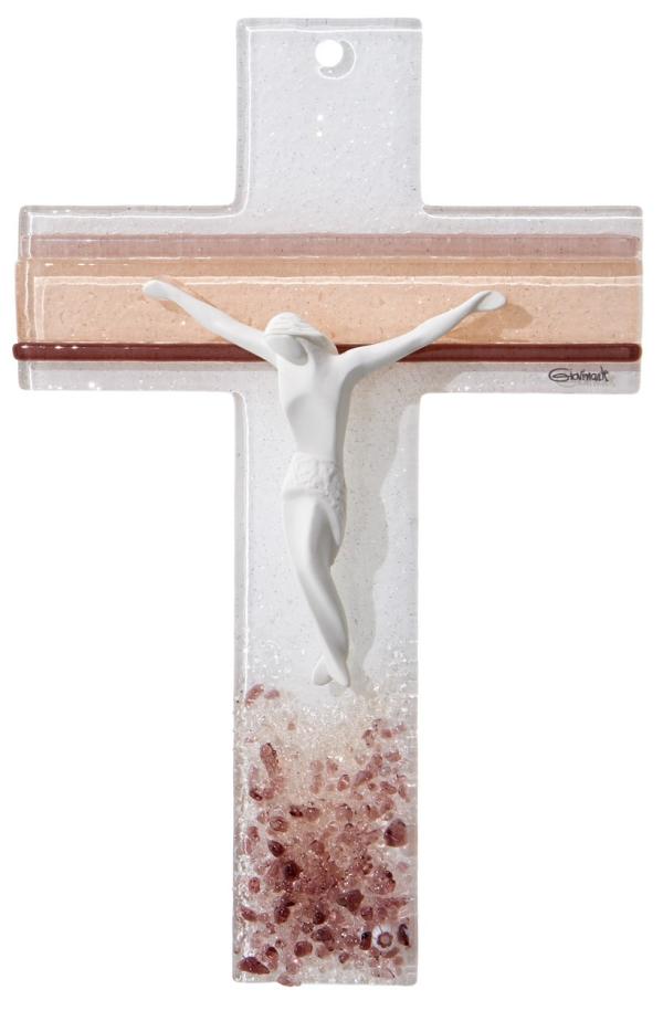 CRUCIFIX EN VERRE ROSE 16 CM