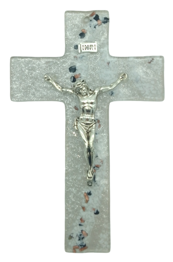 CRUCIFIX EN VERRE BEIGE PAILLETTE 16 CM