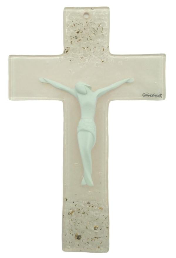 CRUCIFIX EN VERRE COULEUR SAUMON 16 CM