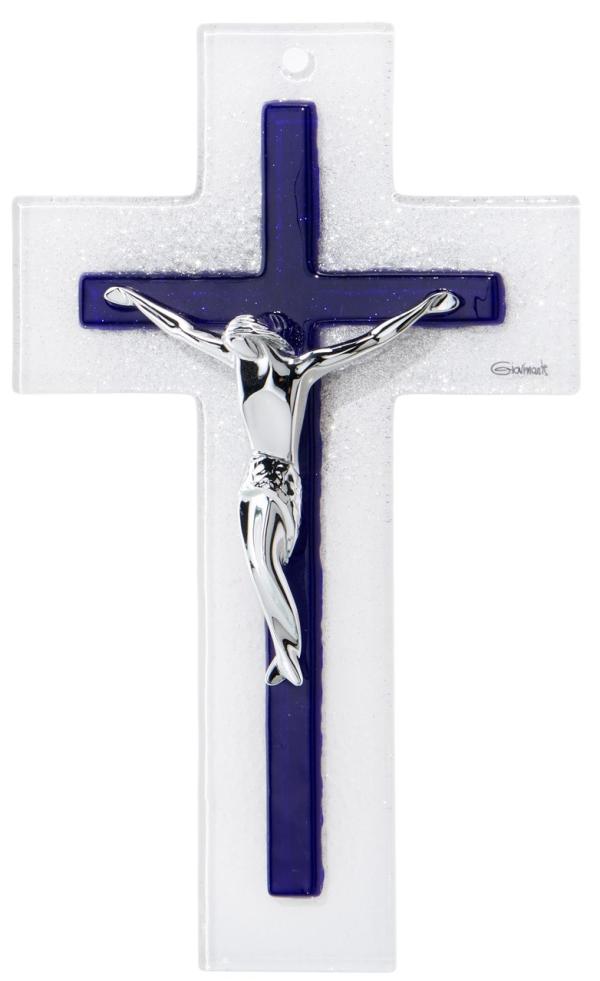 CRUCIFIX EN VERRE BLEU 16 CM