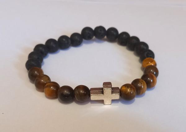 BRACELET HOMME MODERNE OEIL DE TIGRE ET PIERRE DE LAVE CROIX DANS SON ECRIN