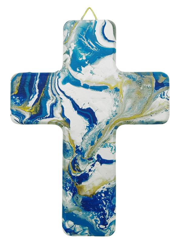 CROIX MARBRE BLEU BLANC OR 11.4*15CM