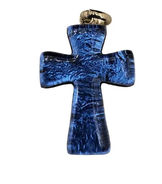 CROIX PENDENTIF 3 CM ARTISANAT DE MURANO VERRE BLEU MARINE