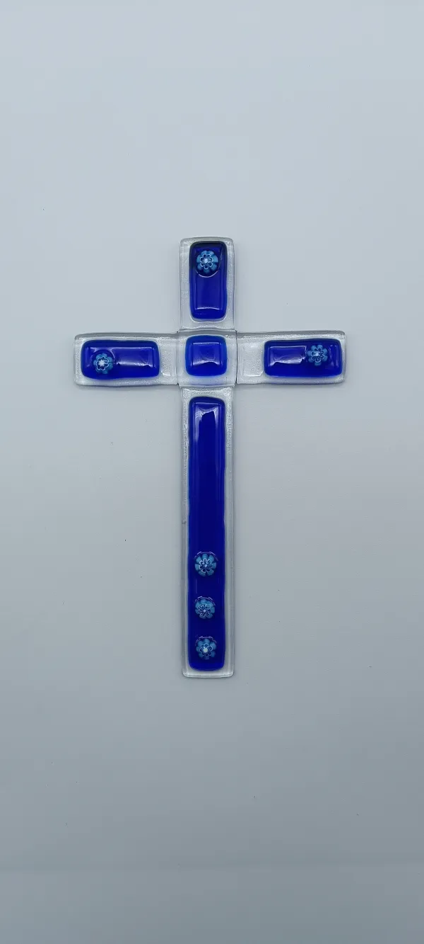 CROIX EN VERRE 18CM BLEU