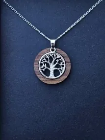 COLLIER ARBRE DE VIE EN NOYER ET ACIER INOXIDABLE 2,2 CM