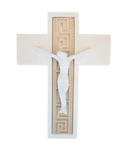 CRUCIFIX EN POUDRE DE MARBRE BLANC ET BEIGE 13,5CM