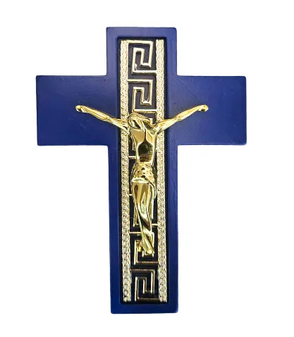 CRUCIFIX EN POUDRE DE MARBRE BLEU ET DORE 13,5CM 7828/751