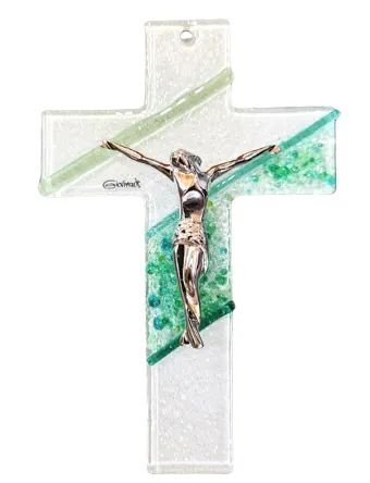 CRUCIFIX EN VERRE VERT PAILLETE 16CM 3750/925