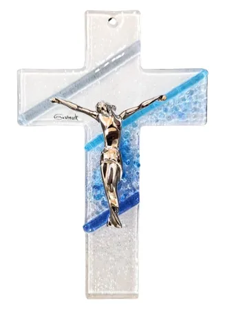 CRUCIFIX EN VERRE BLEU PAILLETE 16CM 3750/924