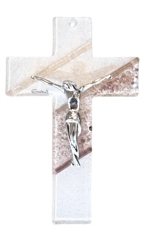 CRUCIFIX EN VERRE PAILLETE ROSE 16CM 3750/926
