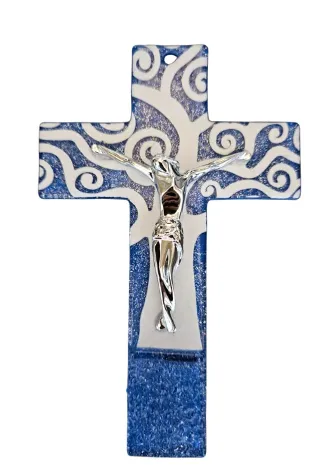 CRUCIFIX EN VERRE ARGENTE BLEU PAILLETE 16CM