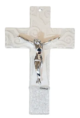 CRUCIFIX EN VERRE BLANC PAILLETTE 16CM