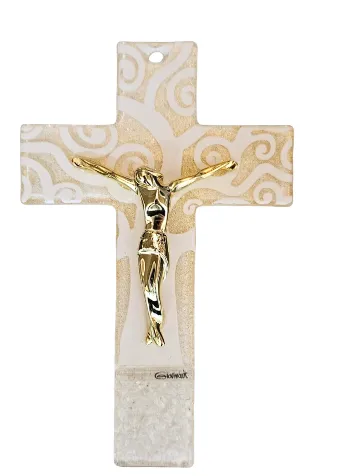 CRUCIFIX EN VERRE PAILLETE DORE 16CM 3750/364